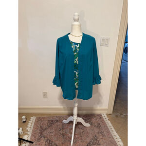 Bob Mackie 2 piece set- Teal Green Floral L, tank and cardigan jacket lightweig